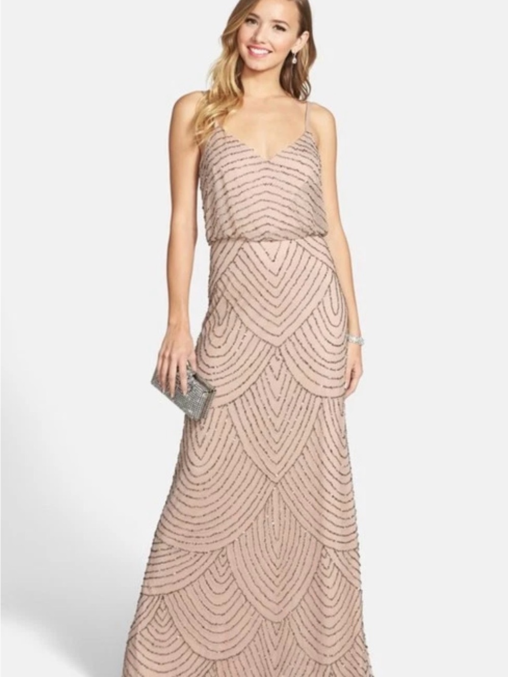Adrianna Papell Blush Beaded V-Neck Maxi Gown